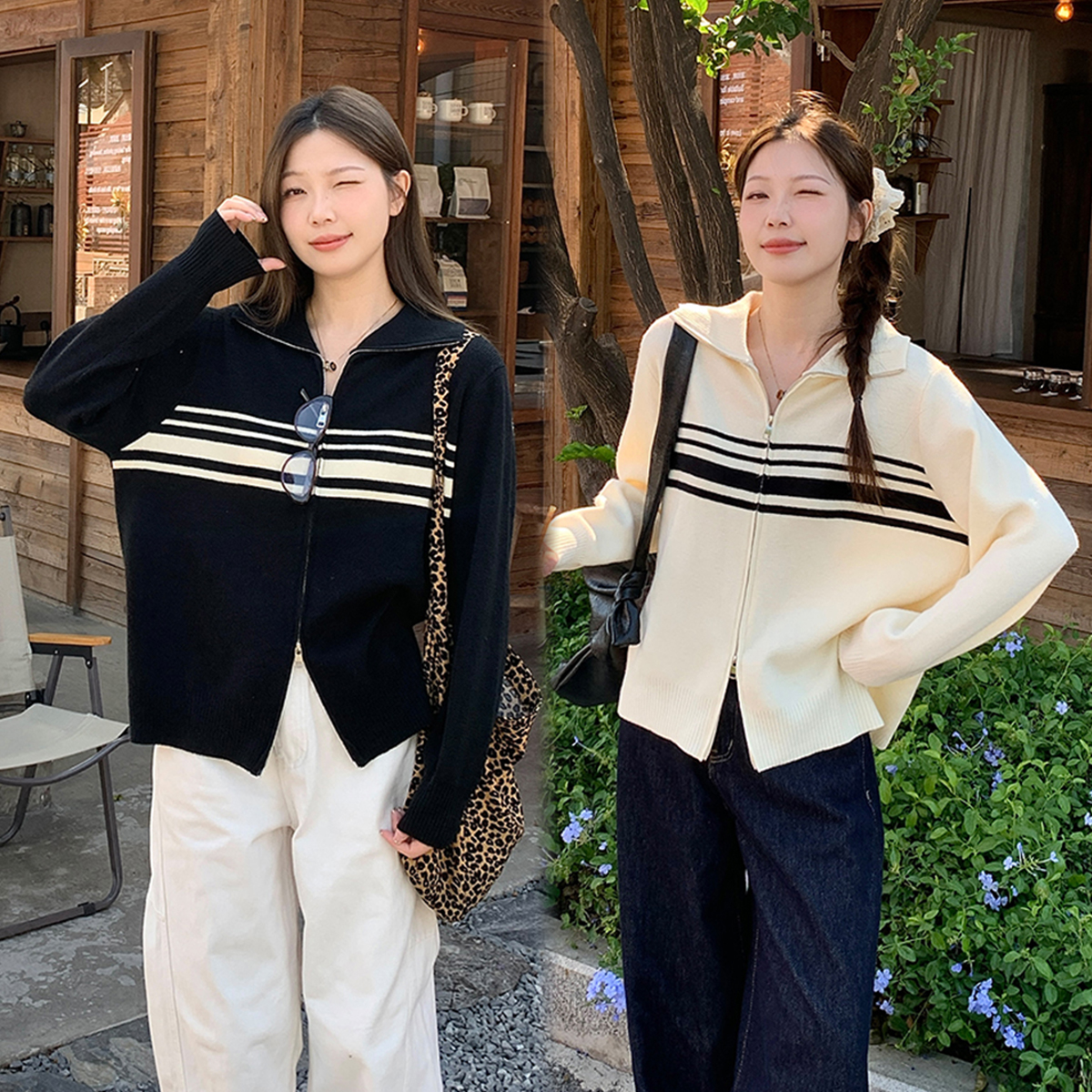 大码美美哒2025春季双拉链针织开衫宽松慵懒条纹毛衣外套