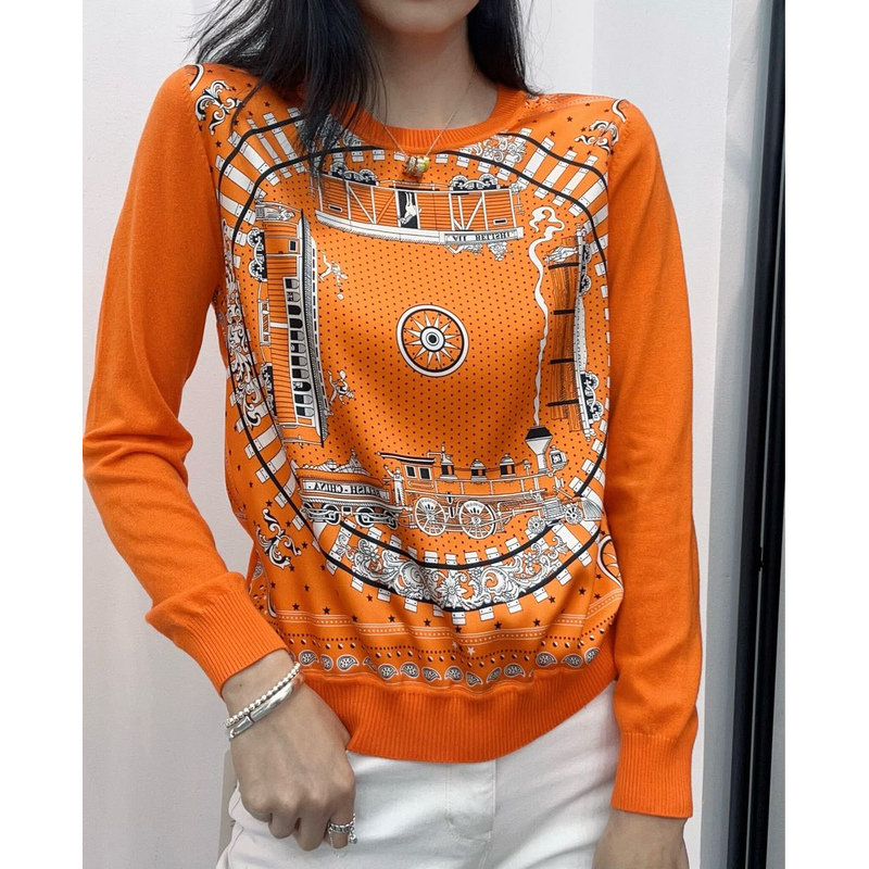 【清仓福利】AW 24097宫廷马车印花真丝拼接长袖套头