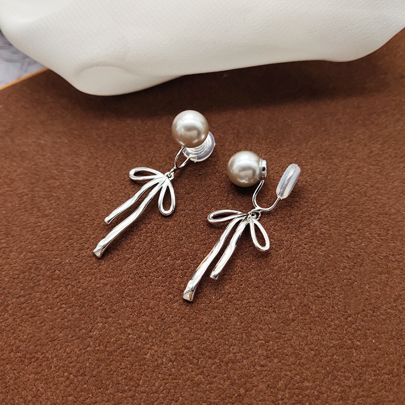 铜合金亚克力耳饰 长款光面圆珠流苏蝴蝶结耳环耳夹无耳洞耳饰