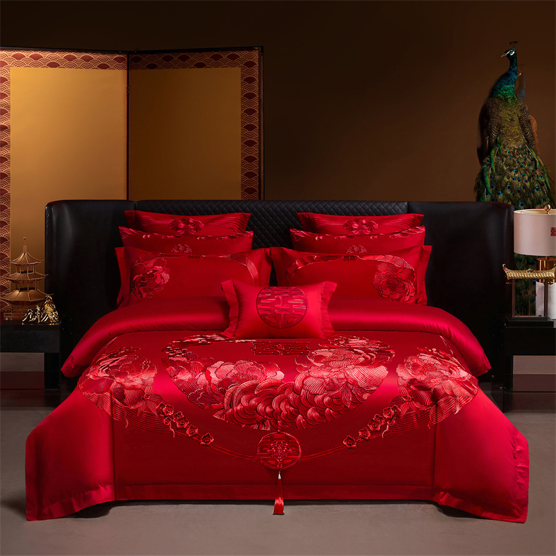 纯棉婚庆优质长绒棉(如花似玉）喜床盖款婚床红色四件套床品结婚