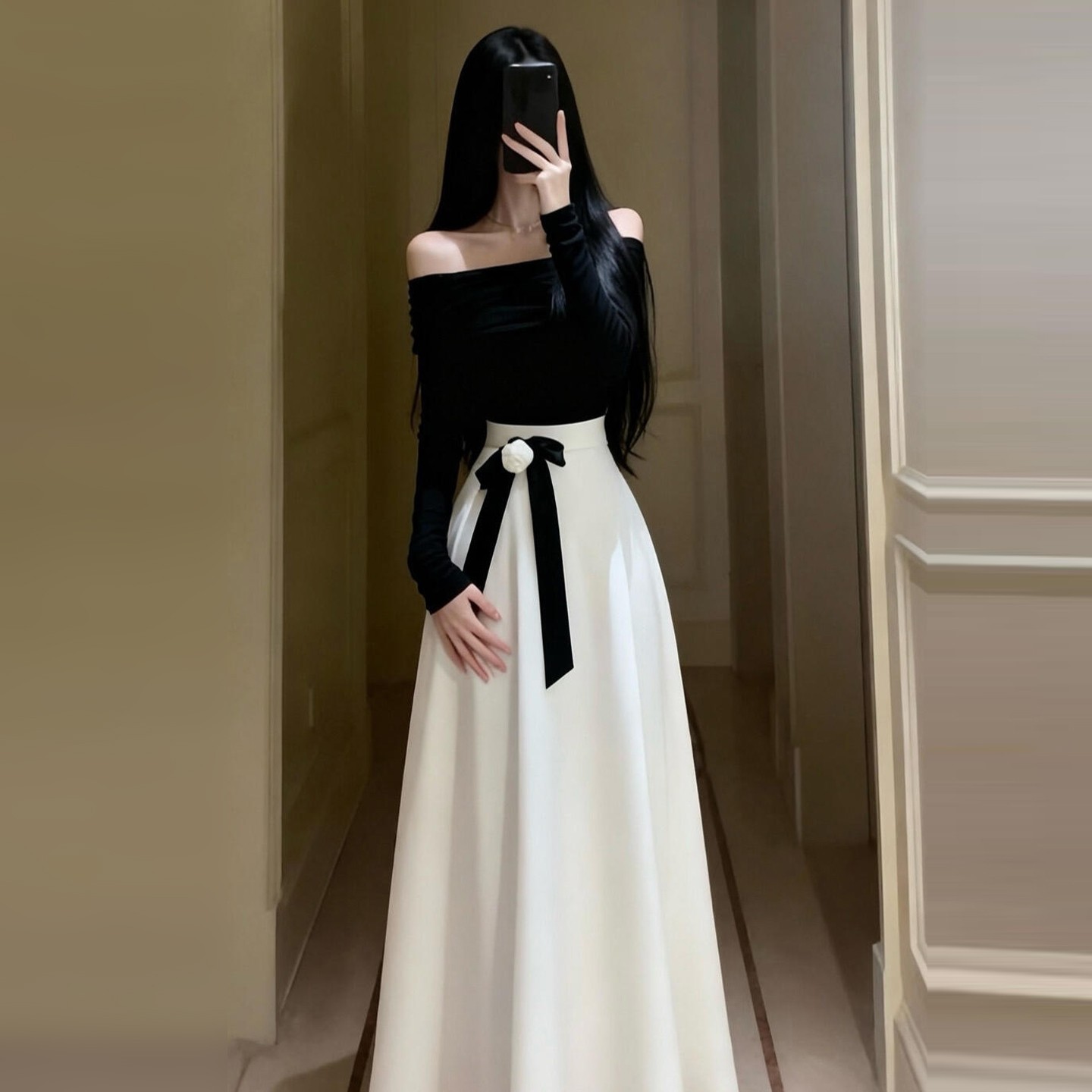 韩系氛围感穿搭一整套连衣裙子秋冬季2025新款高级感气质收腰长裙