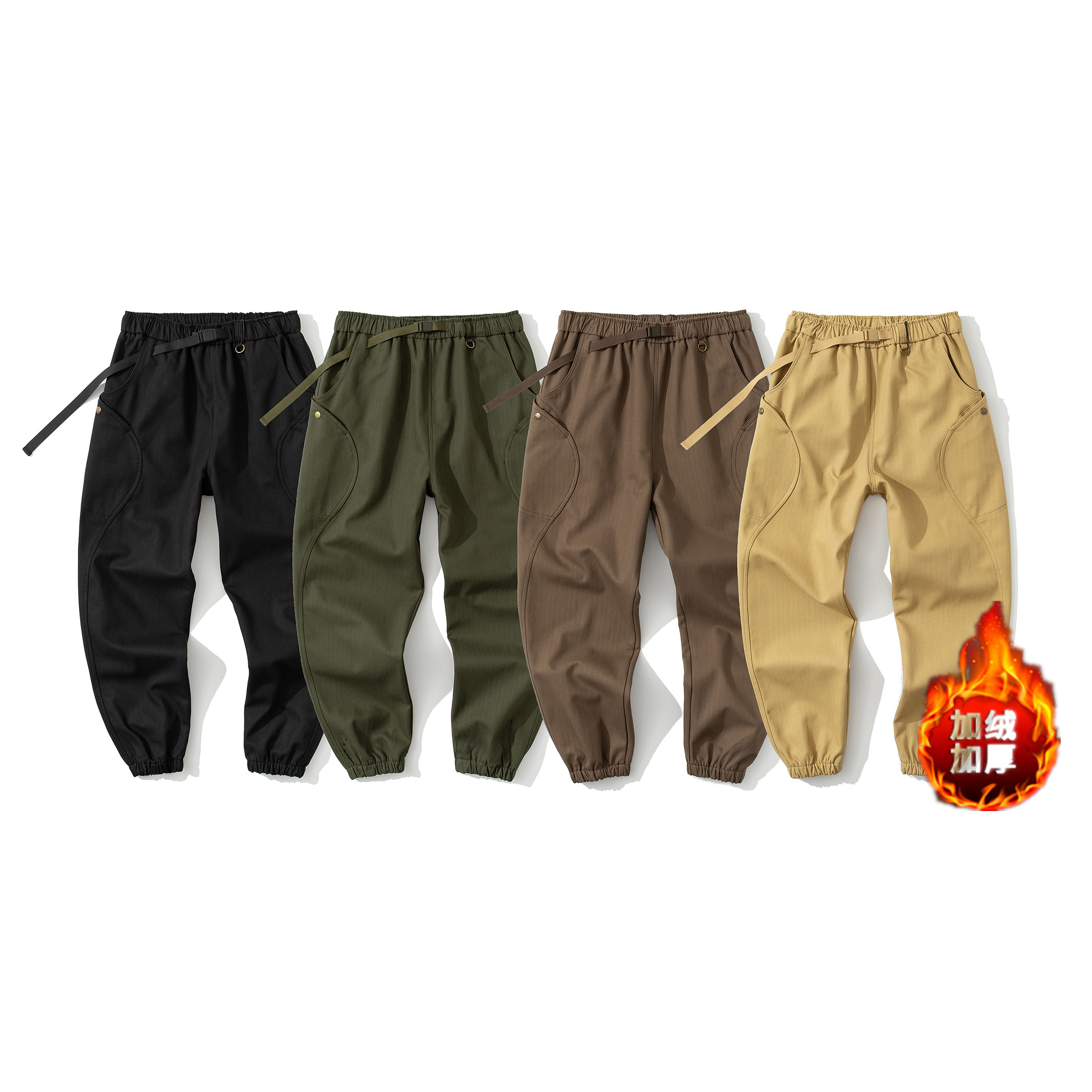 383重工水洗冬季保暖加绒加厚工装裤配腰带男士休闲裤弯刀裤长裤