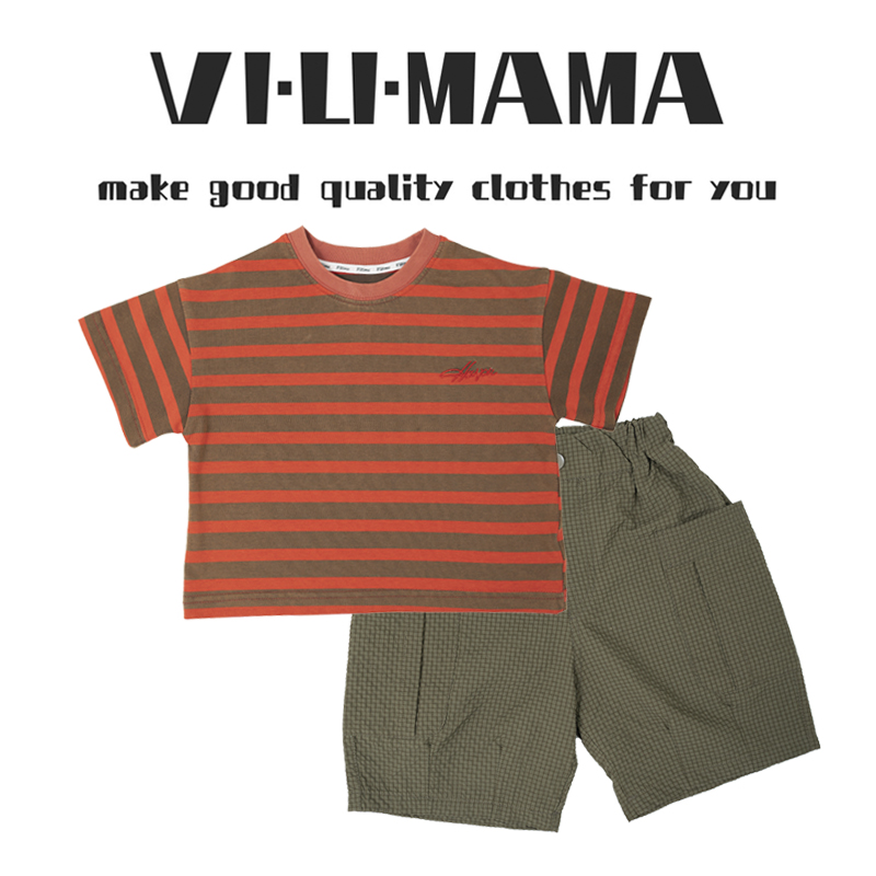 vilimama夏款男女童刺绣字母条纹T恤+暗格纹中裤V54093