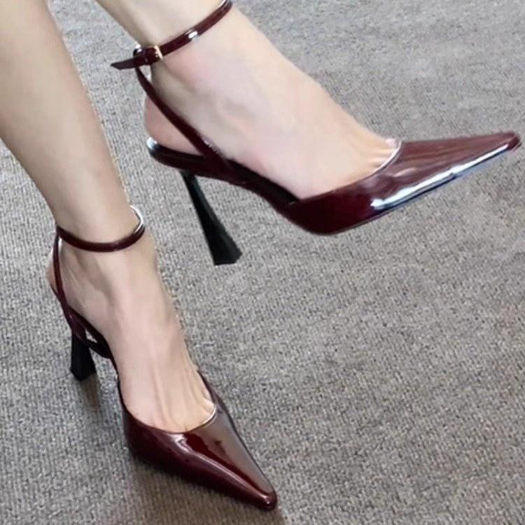 2025早春夏新款欧美高跟鞋包头凉鞋中跟尖头细跟后空浅口女鞋单鞋