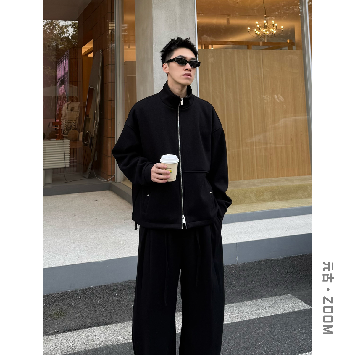 元古 桑蚕丝绵羊毛拼接滚边设计加绒加厚立领夹克外套男女潮1053