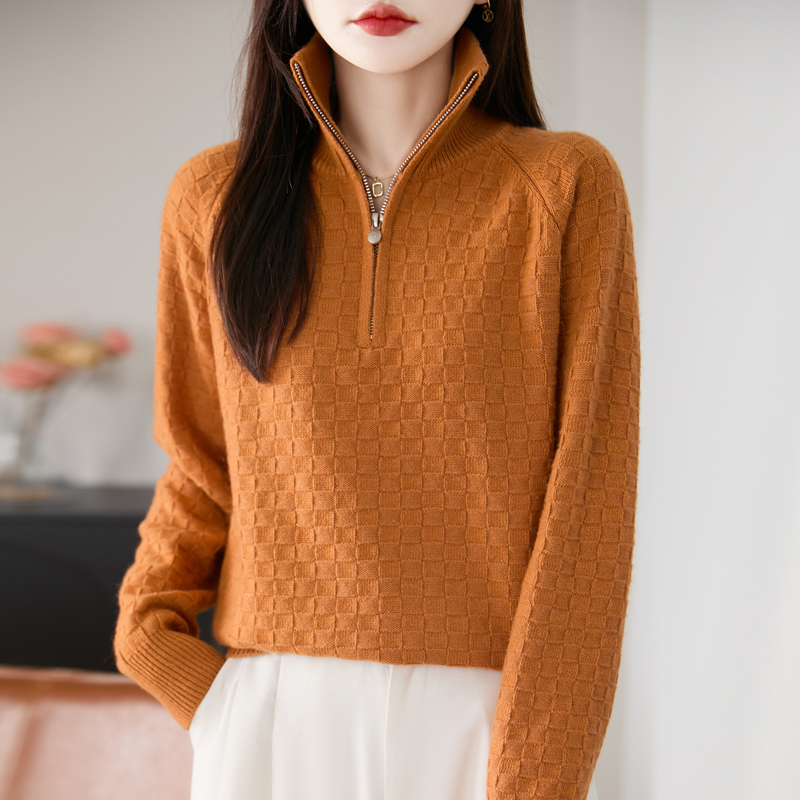 2025秋冬极简风半拉链套头立领羊毛衫女宽松显瘦百搭针织打底毛衣