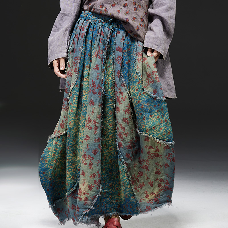 麻依者25春夏款亚麻拼接碎花毛边复古抽绳休闲花苞半裙#M-057