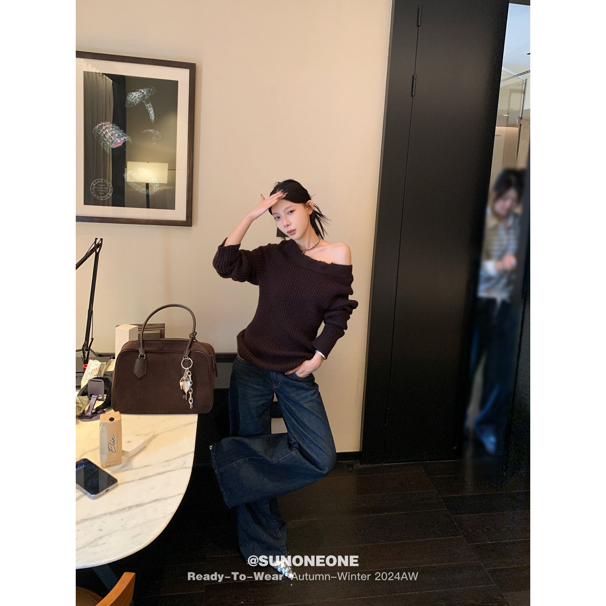 SUNONEONE 一字肩羊毛毛边毛衣女秋小个子加厚套头修身上衣H0637M