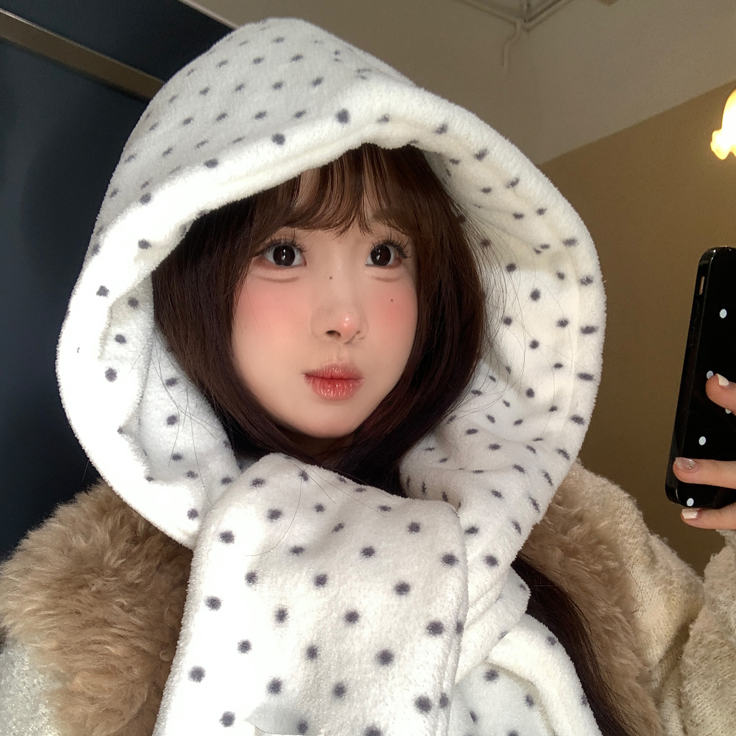 韩系波点帽子围巾连帽一体女冬天保暖加厚防寒学生护颈围脖雷锋帽