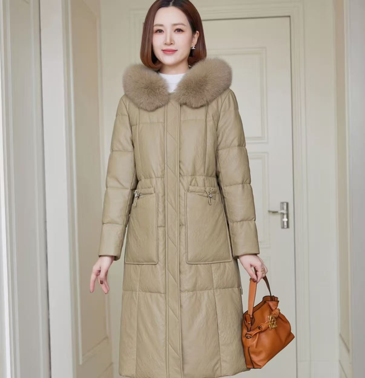 中长款长款皮衣豆绿绵大衣时尚外套女装连帽女士