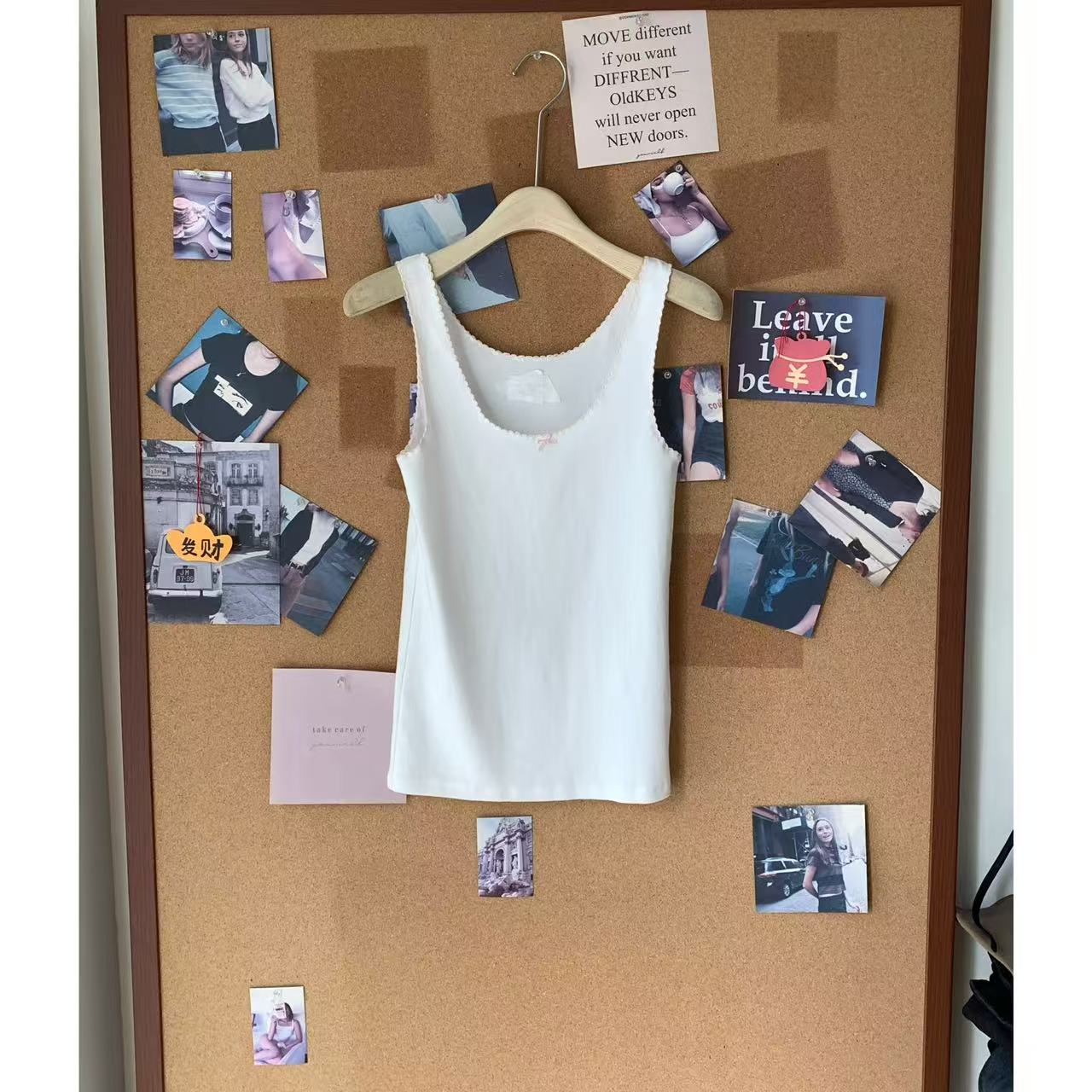 甜美粉色蝴蝶结花边领磨毛弹力背心上衣