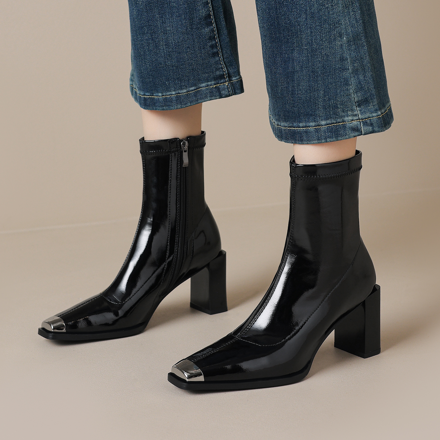 【跟高6cm】弹力靴女短靴肯豆靴瘦瘦靴女高跟方头粗跟百搭显瘦靴