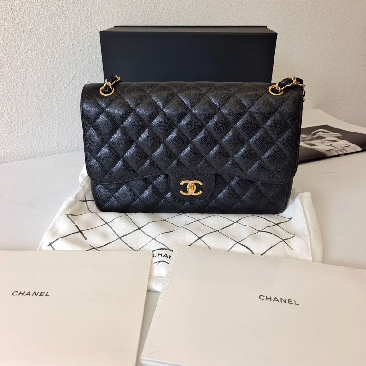 95新 Chanel/香奈儿 cf  jumbo黑金荔枝纹单盖/甄选
