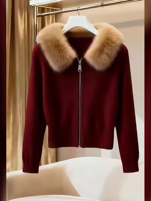 欧洲站时尚毛毛翻领拉链长袖女2025年秋季新款独特别致百搭上衣女