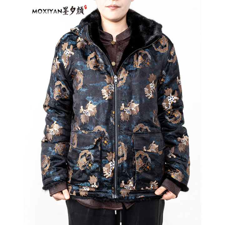 【墨隐】2025冬季新款桑蚕丝加绒 麒麟祥云宋锦水貂外套-LC-170