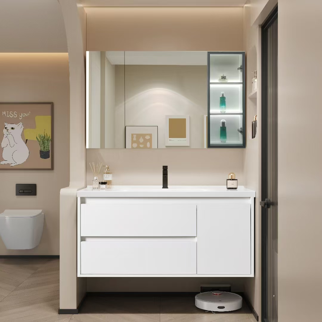 {松弛感---轻奢白新款}A轻奢简约浴室柜一体陶瓷盆智能镜柜卫生间