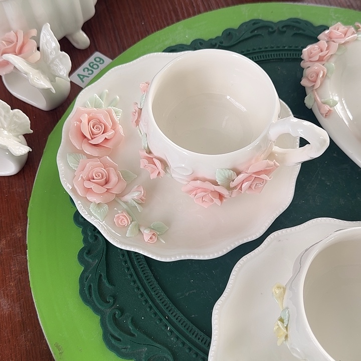 恩***珠粉色玫瑰花手工捏花咖啡杯碟