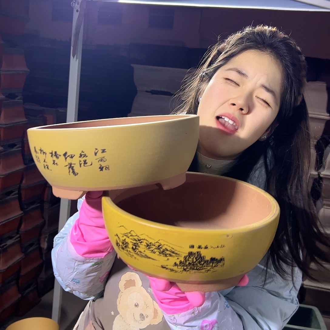 黄色江山如画小号一对花盆