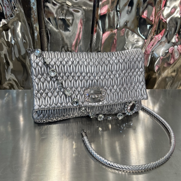 99新 MIU MIU/缪缪 银色 单肩 褶皱 宝石