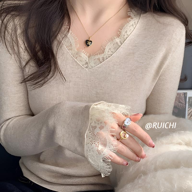 蕾丝打底衫V领拼接2025秋季新款韩版通勤修身显瘦针织衫上衣女