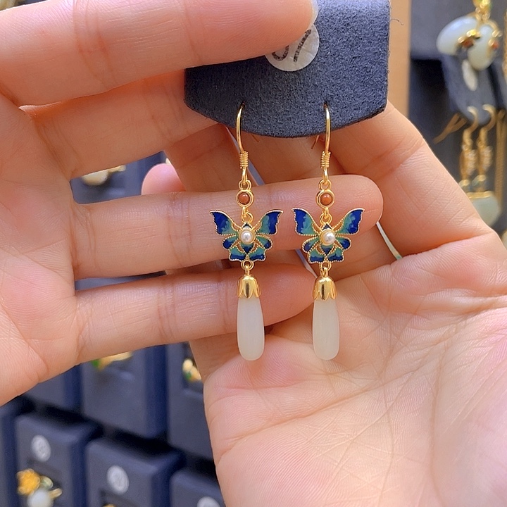 和田玉银S925镀金镶嵌耳饰