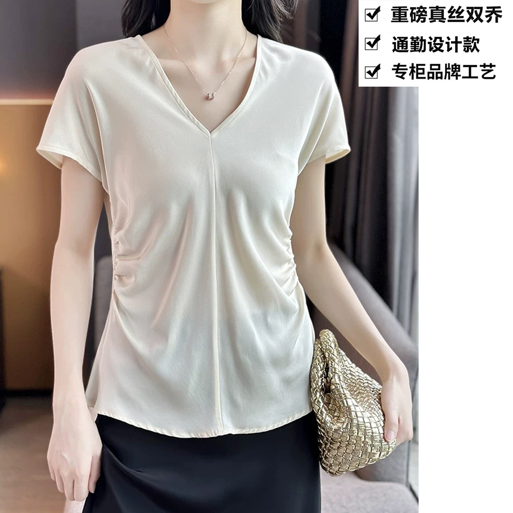 100真丝简约纯色V领百搭收腰显瘦桑蚕丝短袖T恤上衣ZKF86白色