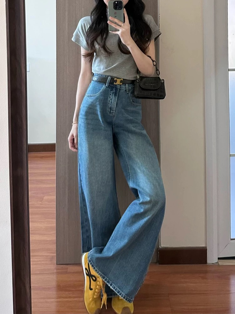 【A故】加绒秋冬季直筒薄款慵懒风宽松高腰显瘦长裤磨白牛仔裤女