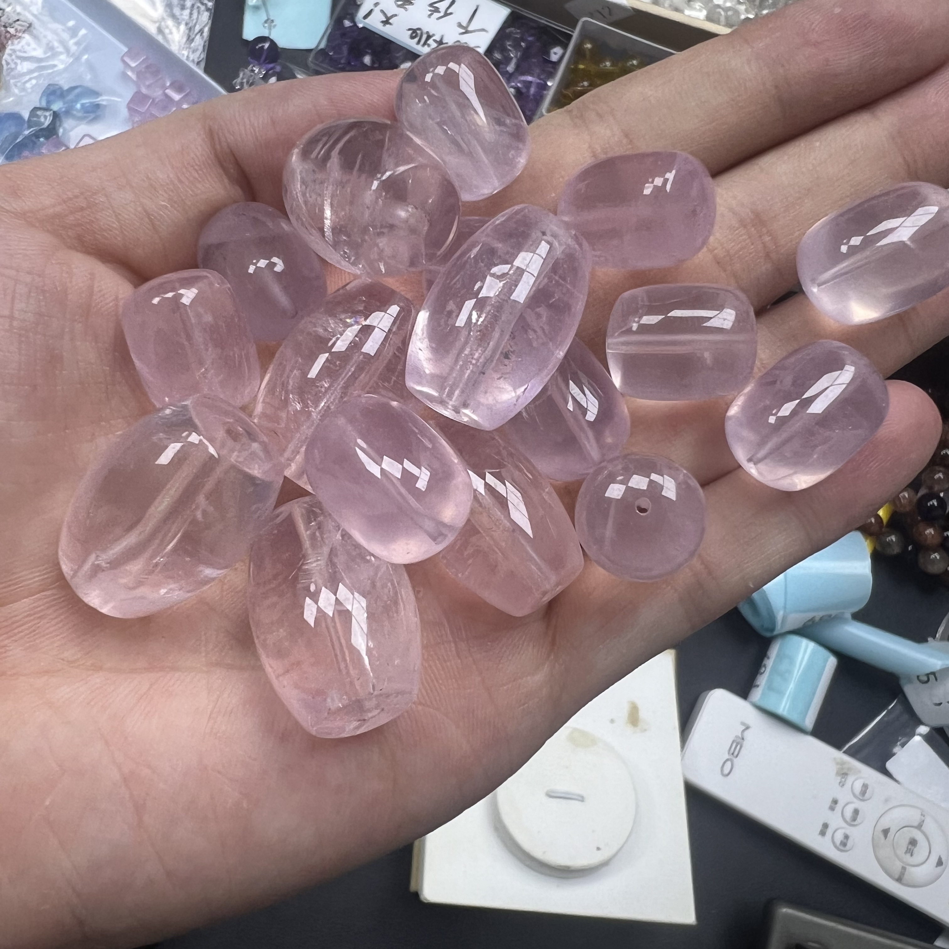 天然粉水晶桶珠单颗