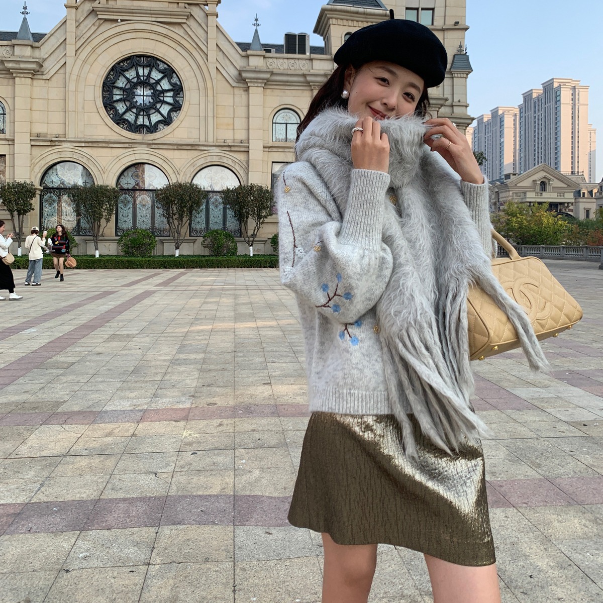 秋冬法式气质炸街高腰丝光短裙a字裙86062