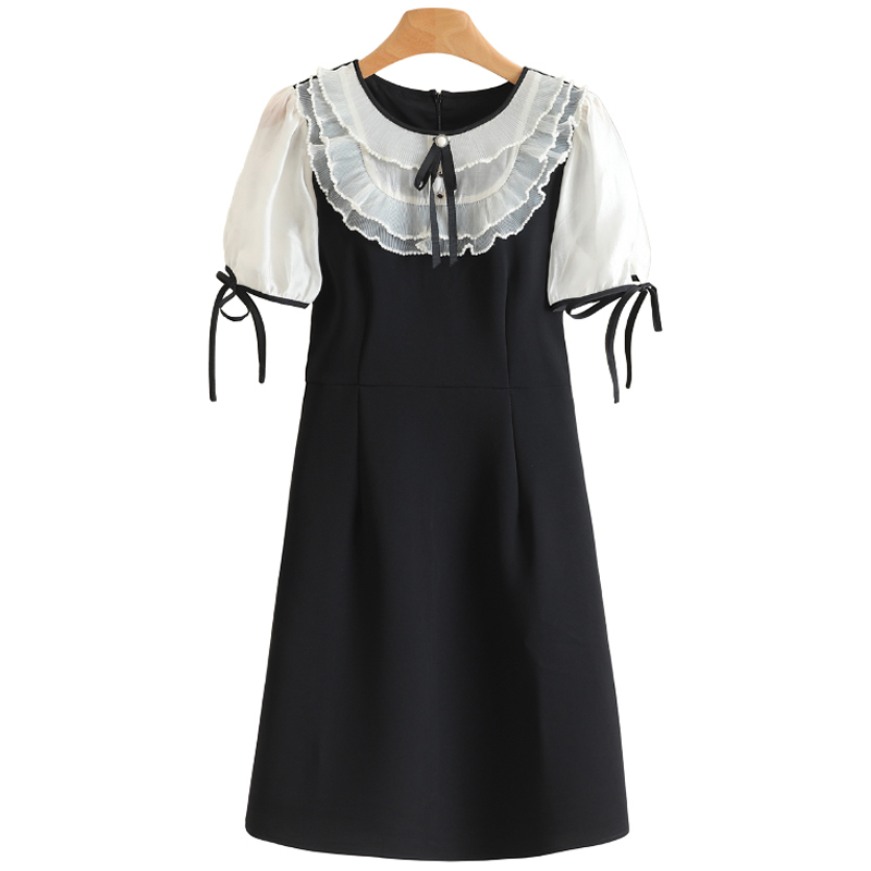 F2540-【郁】拼接三层领蝴蝶结短袖收腰连衣裙#XYX56L110