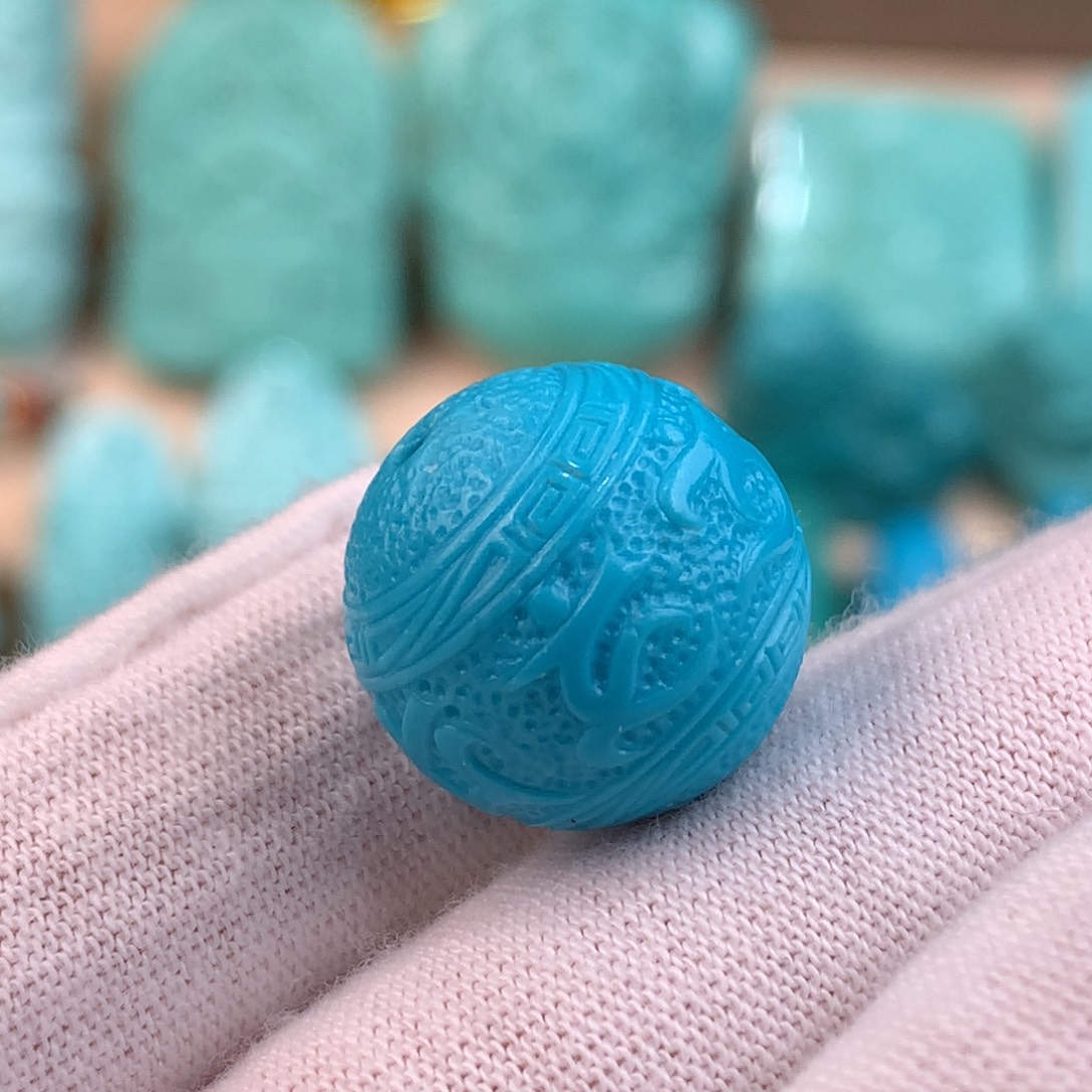 绿松石未镶嵌六字箴言圆珠卡15.7