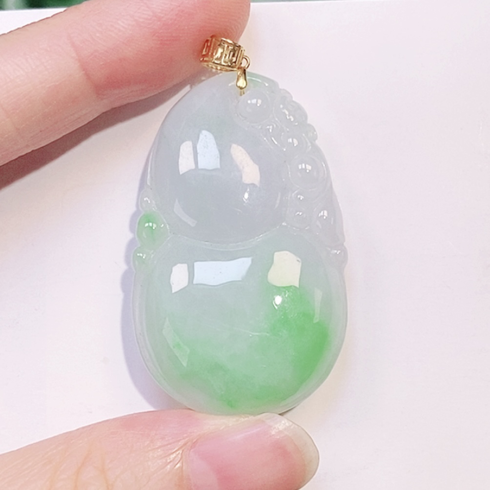 缅甸天然翡翠A货 冰飘花翡翠阳绿大葫芦吊坠