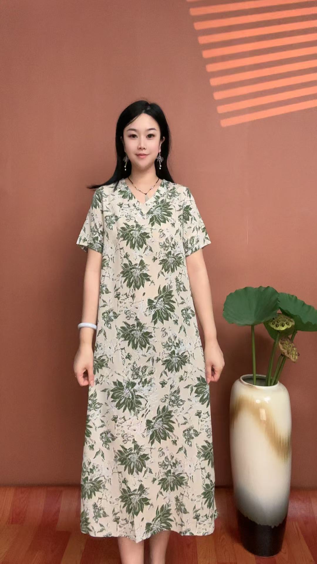 (绿碎花）简约时尚显瘦气质女装宽松中长款连衣裙