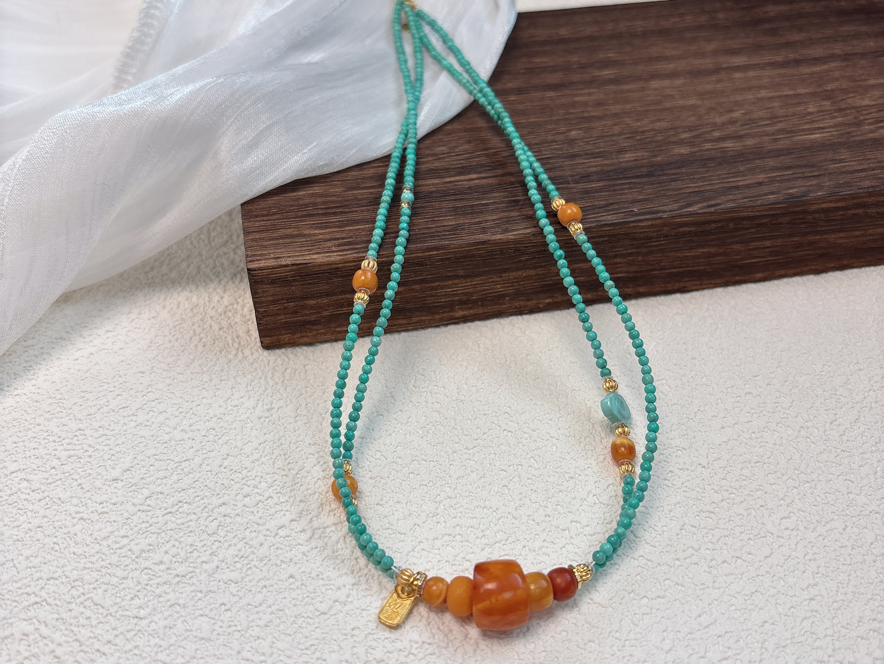 湖北天然原矿绿松石双层米珠项链