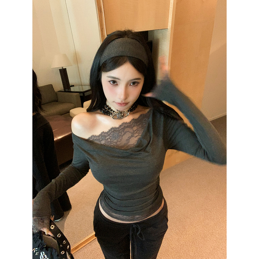 抓心honey设计感拼接蕾丝打底衫女修身显瘦内搭针织上衣秋冬新款