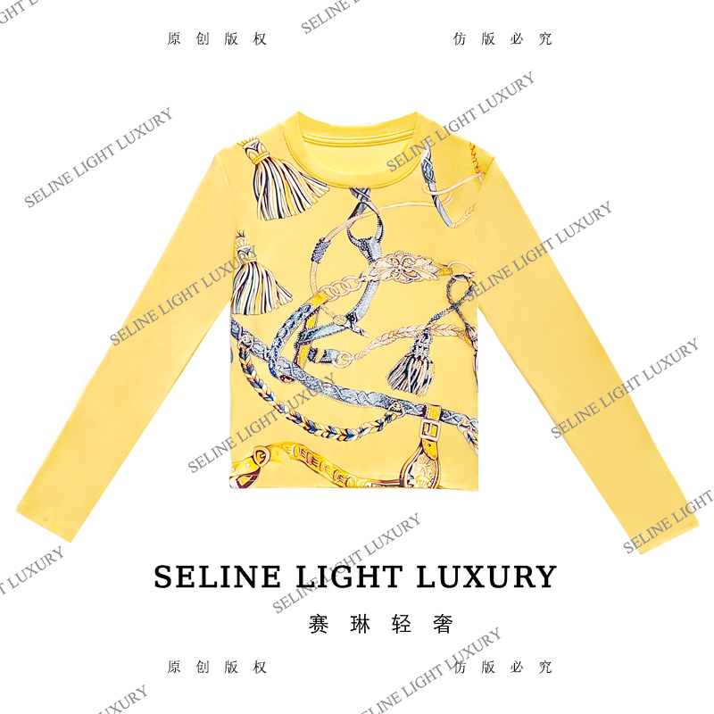 【25Q-703】海 2025 SELINE 新款金色锁链印花时尚轻奢气质长袖T恤