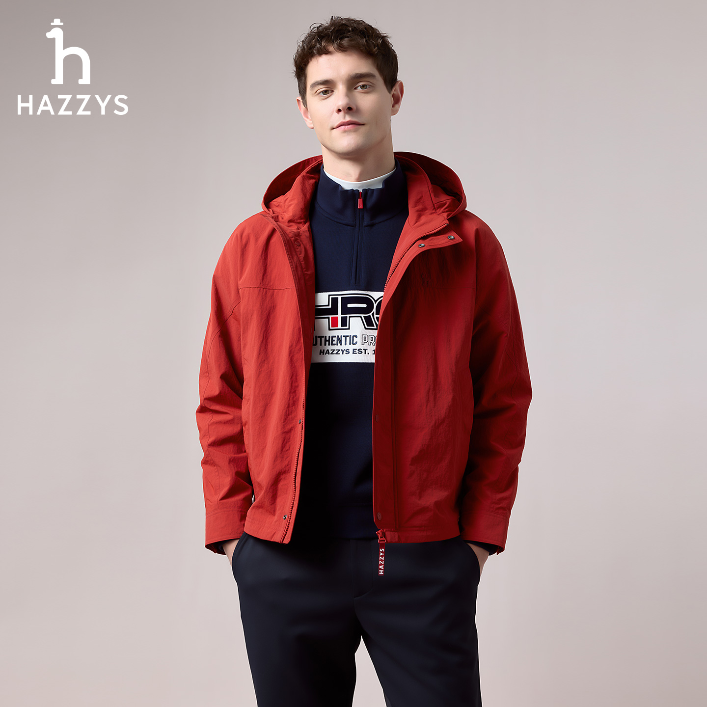 【商场同款】HAZZYS哈吉斯男士秋季夹克衫时尚休闲红色连帽外套短款