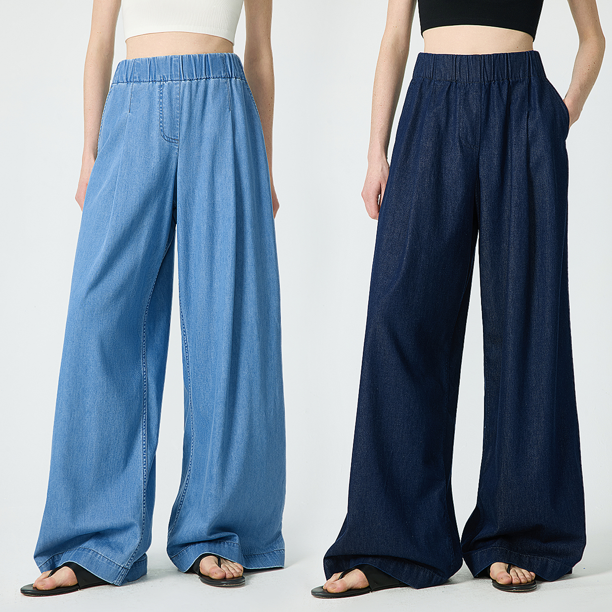 开间/B入神牛欧洲进口轻薄软糯抽绳松紧宽腰头时髦懒人阔腿牛仔裤