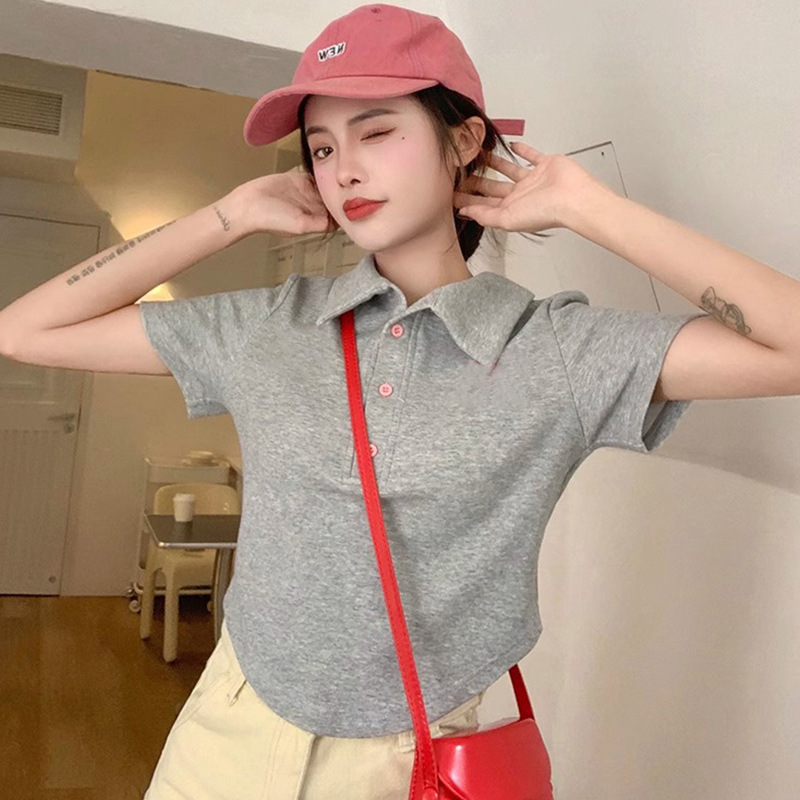 亦声polo领小个子正肩短袖T恤女夏季高腰设计感短款辣妹小众YM