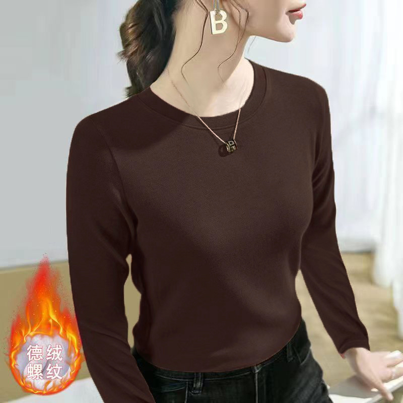 圆领德绒磨毛加绒打底衫女秋冬季百搭纯色上衣半高领内搭大码T恤