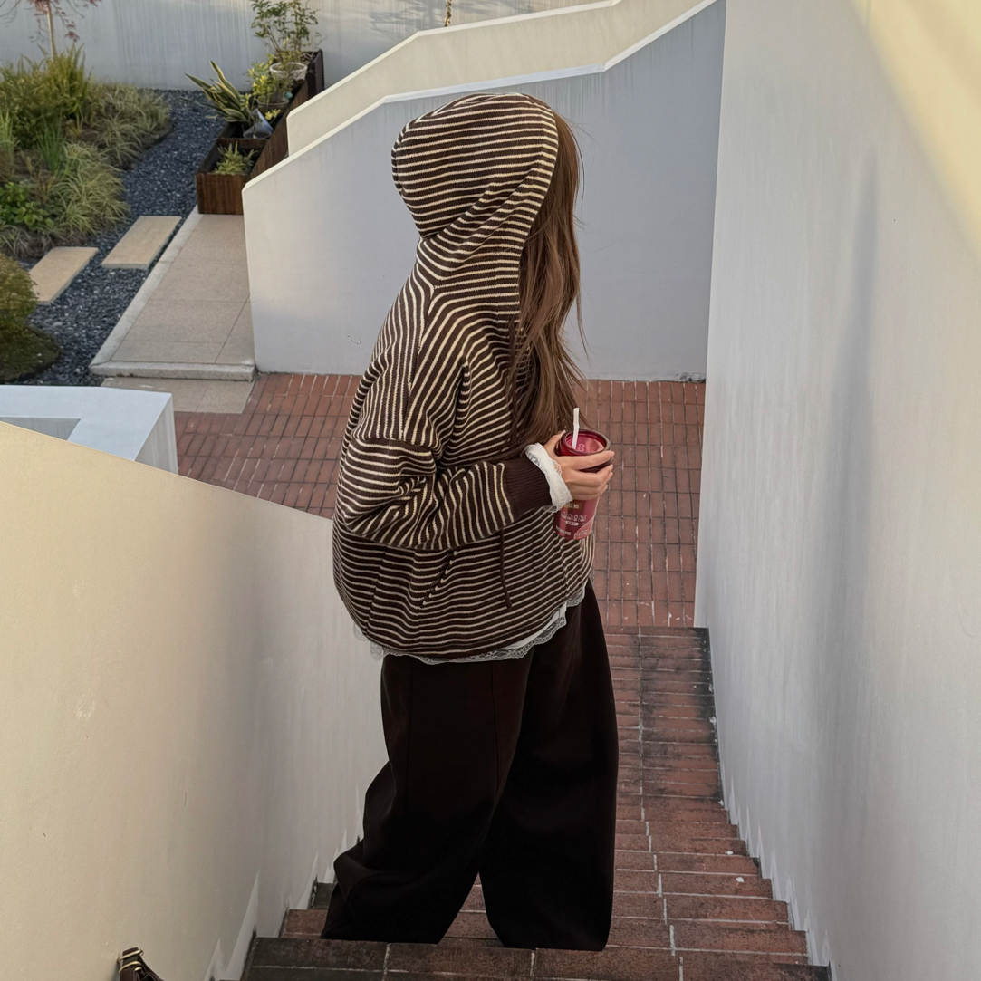 宽松主义 秋冬款抽绳连帽拉链宽松大版毛衣外套条纹针织开衫