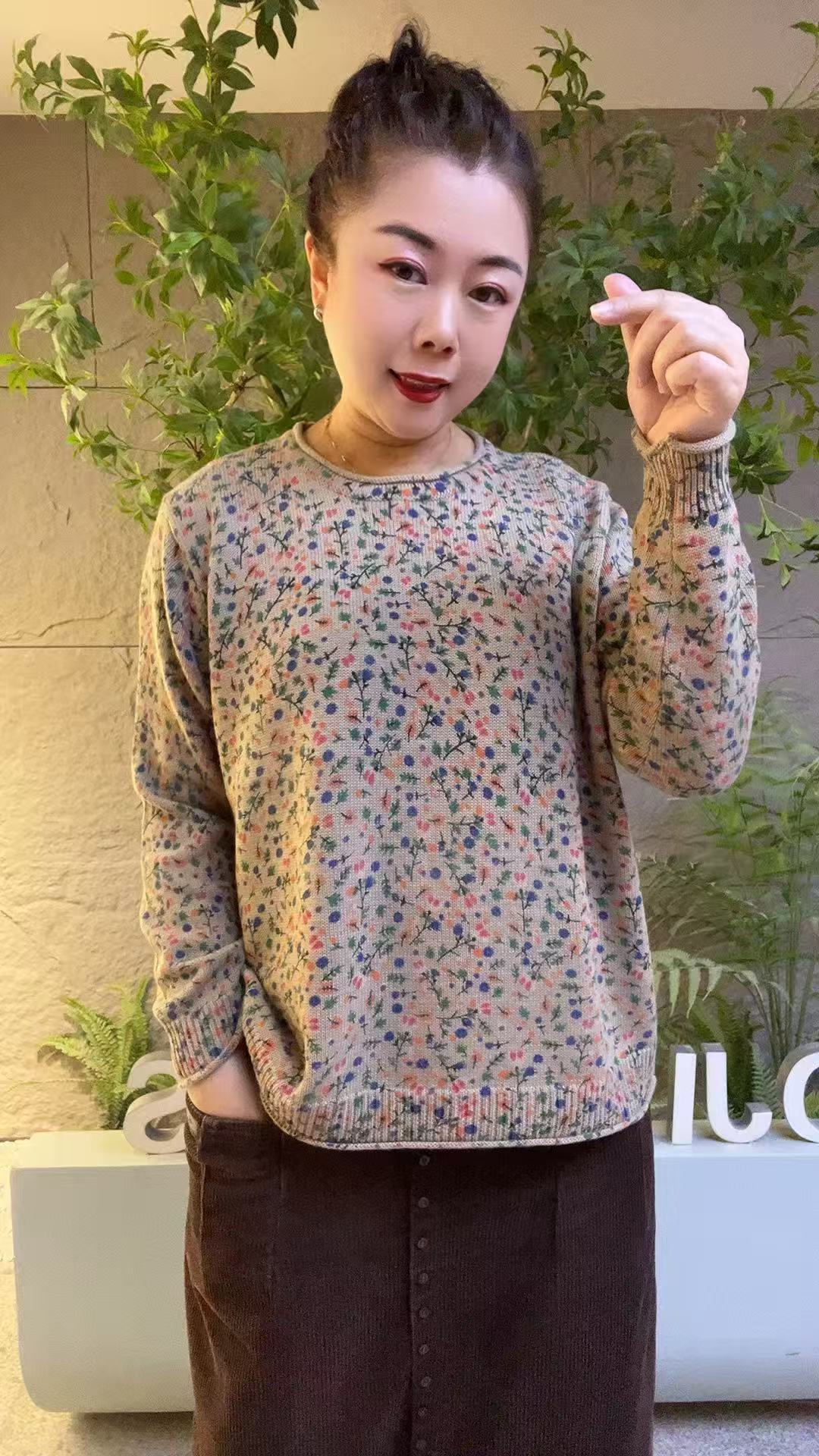 纯棉针织小碎花宽松遮肉上衣