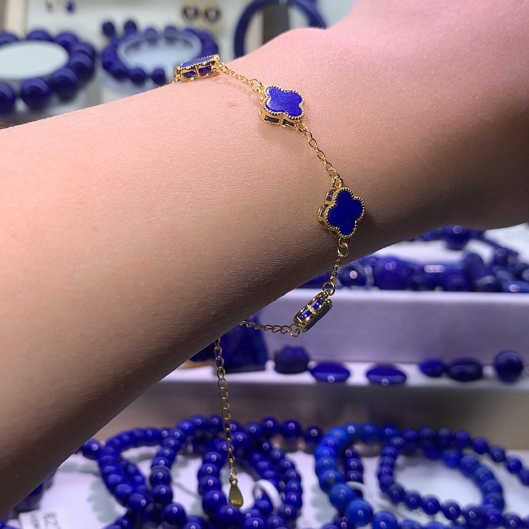 青金石银S925镶嵌天然原矿四叶草手链8m