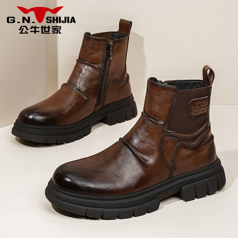 公牛世家男款英伦切尔西靴男秋冬风厚底靴子新款高帮皮鞋马丁靴男