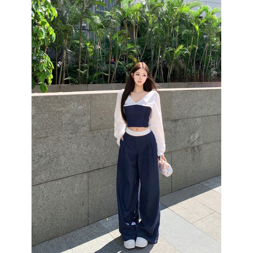 拼接假两件v领长袖衬衫上衣女秋季时尚套装撞色休闲阔腿裤两件套