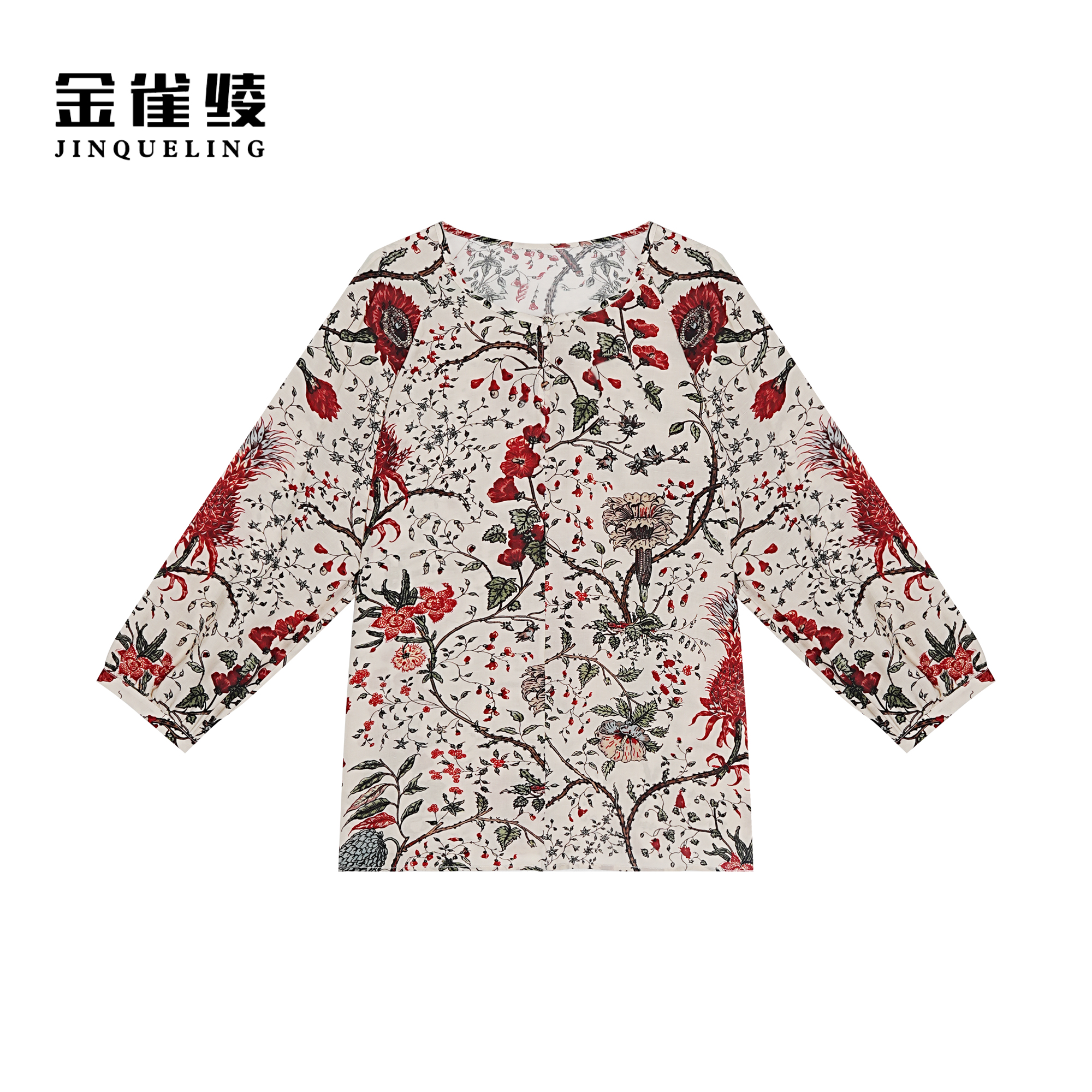 金雀绫【红鹦鹉】设计师款时尚印花洋气大码女装衬衫SZA1S150