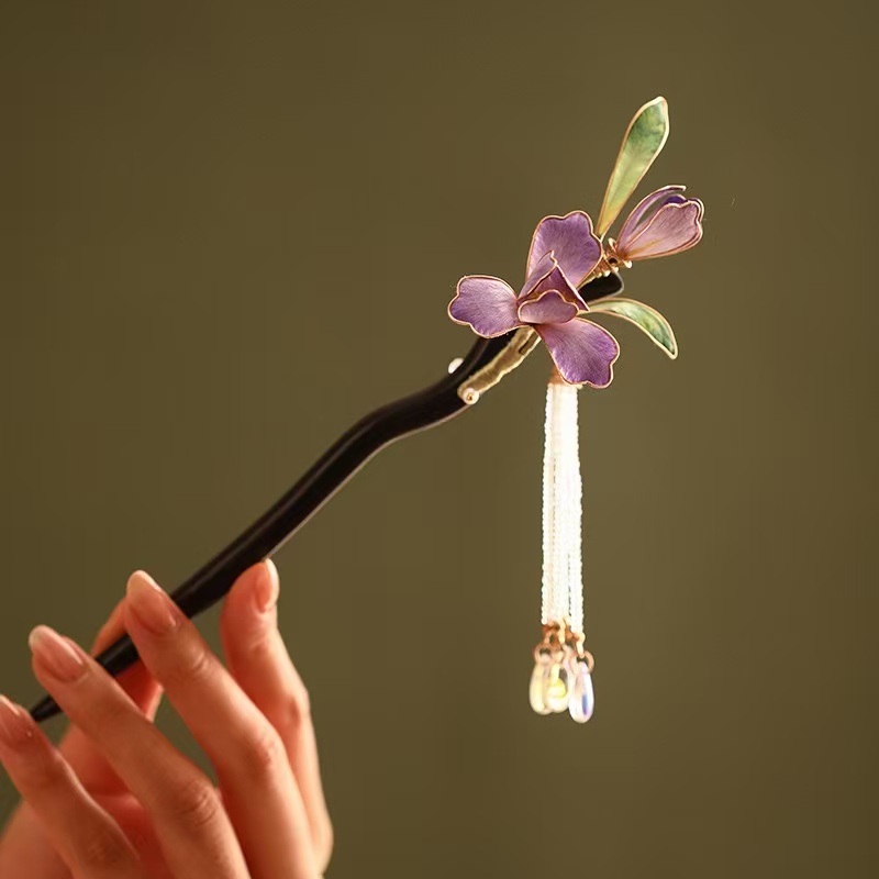 新中式蚕丝掐丝绒花缠花檀木发簪古风头饰簪子花朵盘发簪绒花发簪