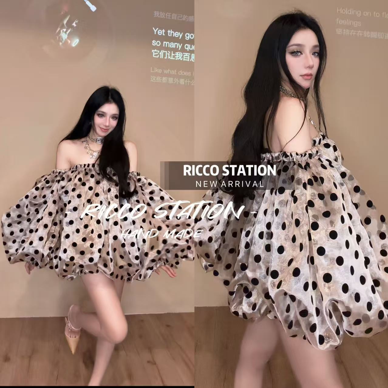 陈腰精CC设计师款重工大波点纱一字肩多穿轻奢风名媛风网红炸街潮