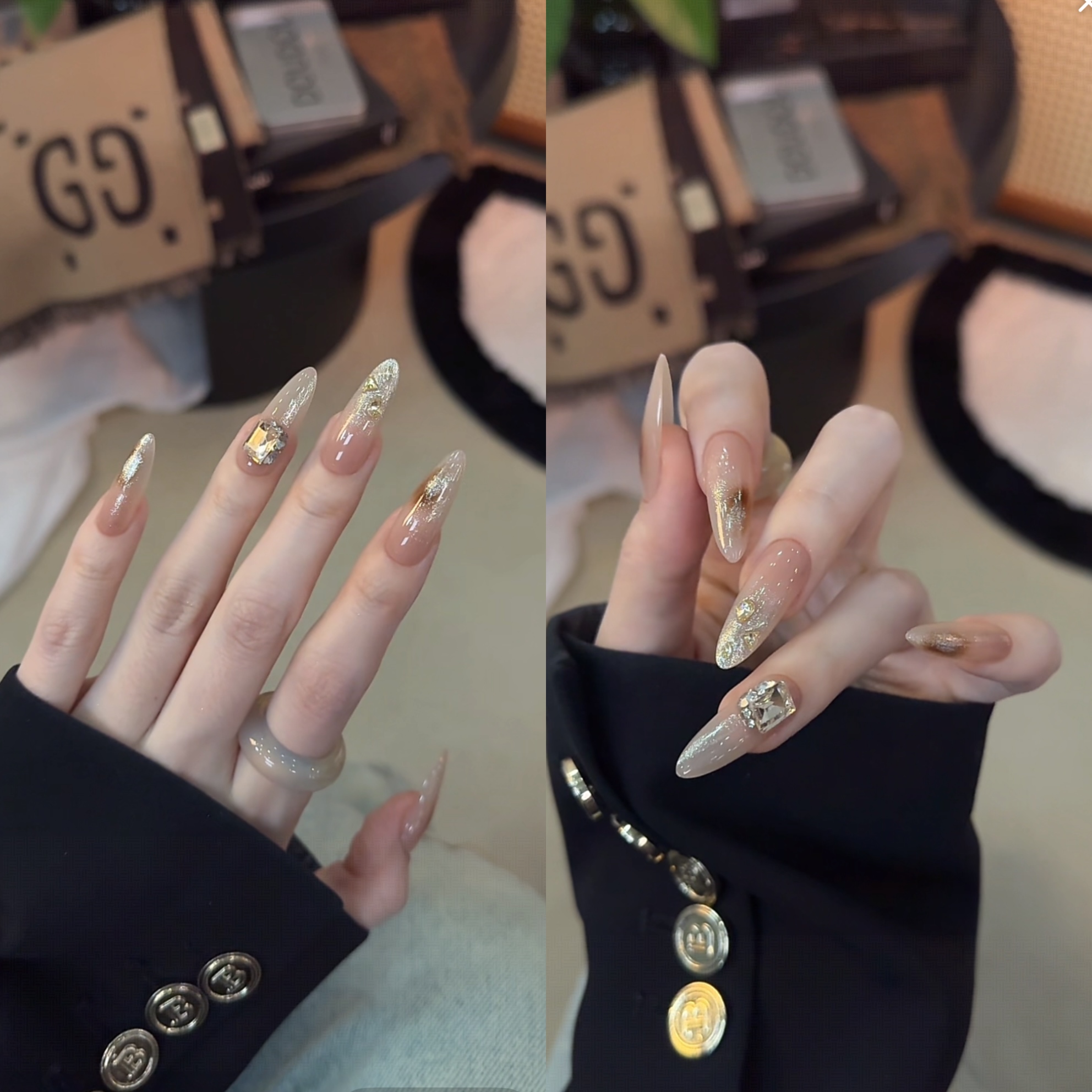 【铂金晕染】琥珀晕染指尖铂金色爆闪无名指造型纯手工穿戴甲10片