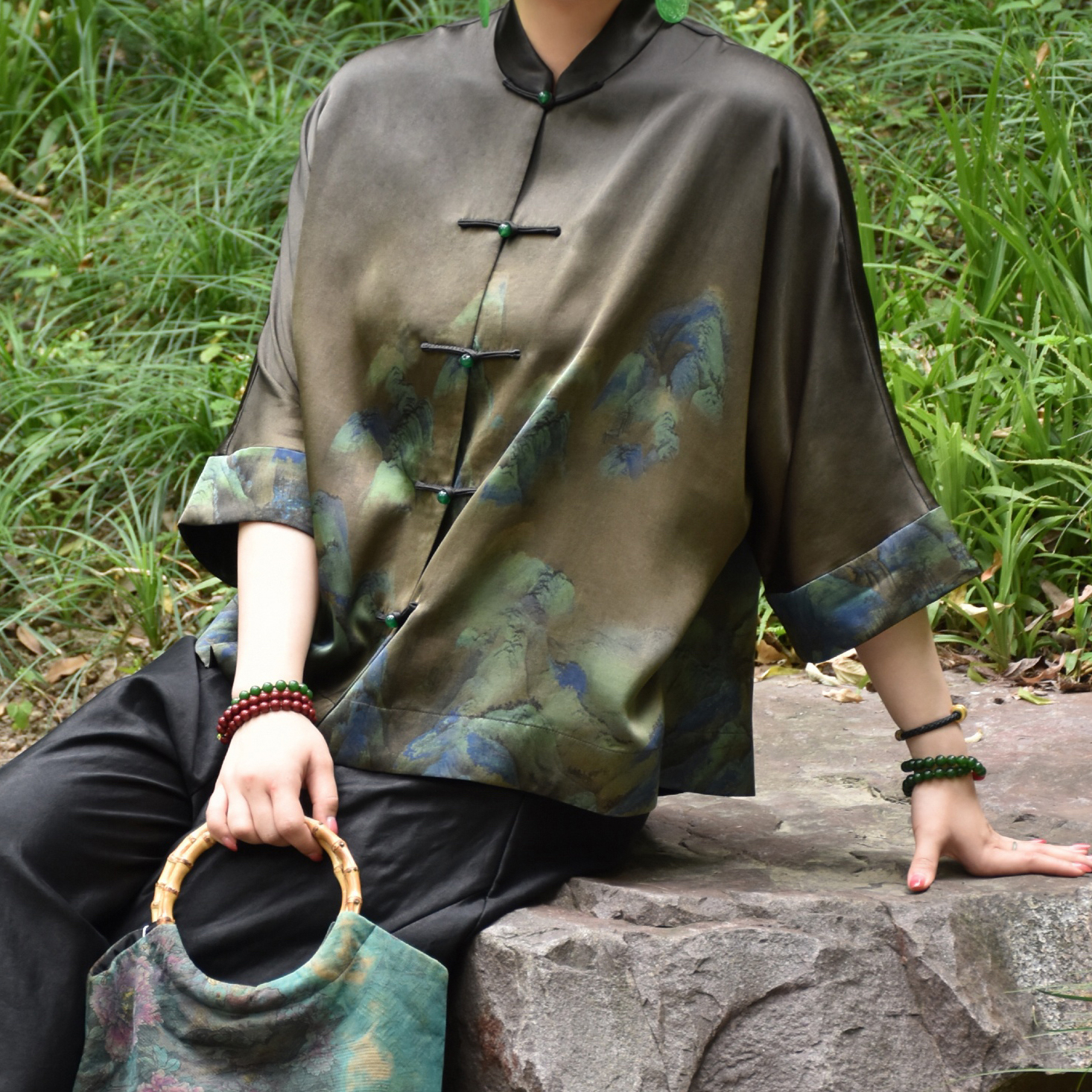 【千里江山】香云纱重缎新中式国风立领开衫中国风宽松百搭上衣4080